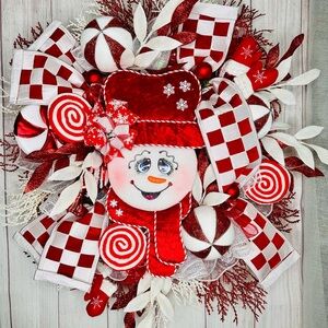 Handmade Cheerful Snowman Holiday Wreath - Red and White